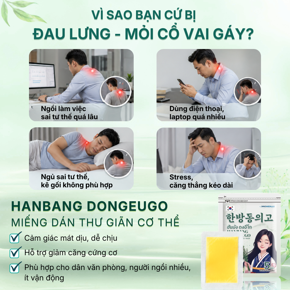 Miếng Dán Thảo Mộc Hàn Quốc HANBANG hỗ trợ Giảm Đau Cổ Vai Gáy Lưng Xương khớp Thư Giãn Cơ Thể - Hình ảnh 9